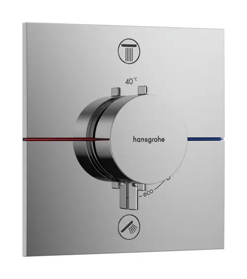 Thermostat von Hansgrohe mit einem runden Bedienknopf, chromfarbener Oberfläche und Temperaturanzeige bis 40 °C für zwei Verbraucher. Anbringung im Unterputz-Design.